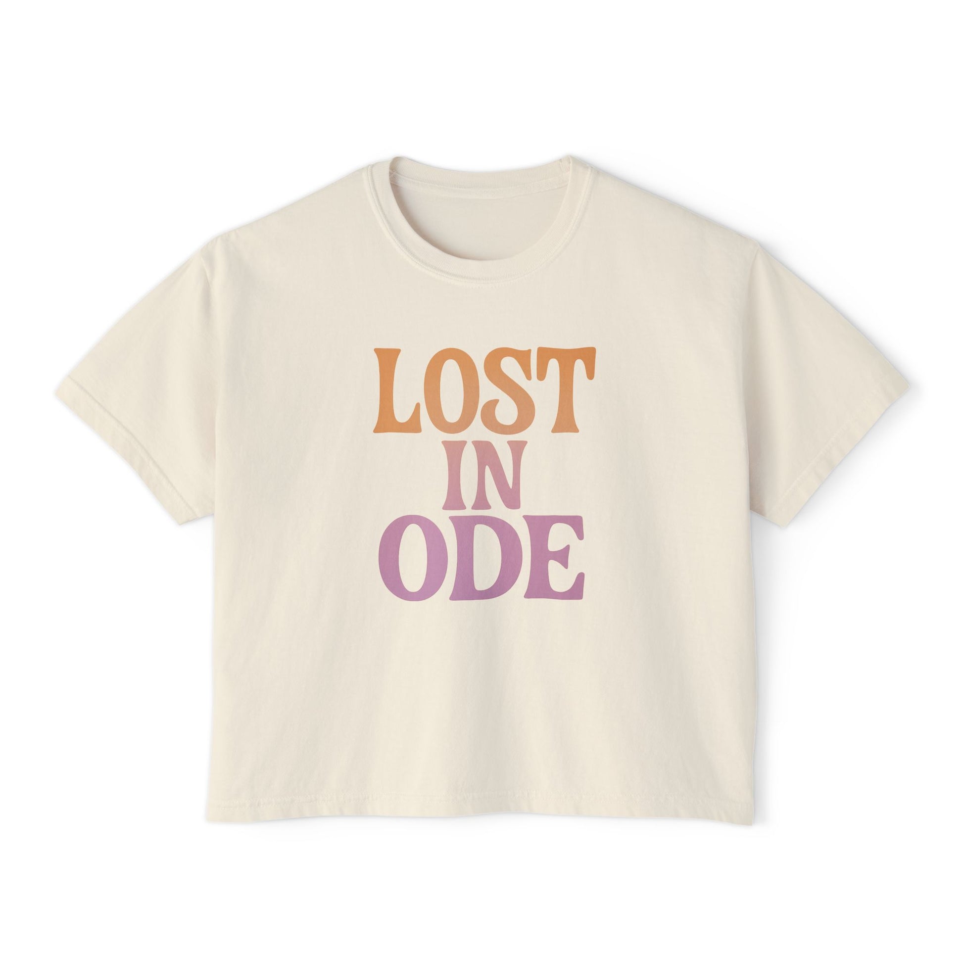 LOST IN ODE Retro Aesthetic Women's Boxy Tee, Minimalist Quote Shirt, Soft Cotton Crop Top, Gift for Poets & Dreamers
