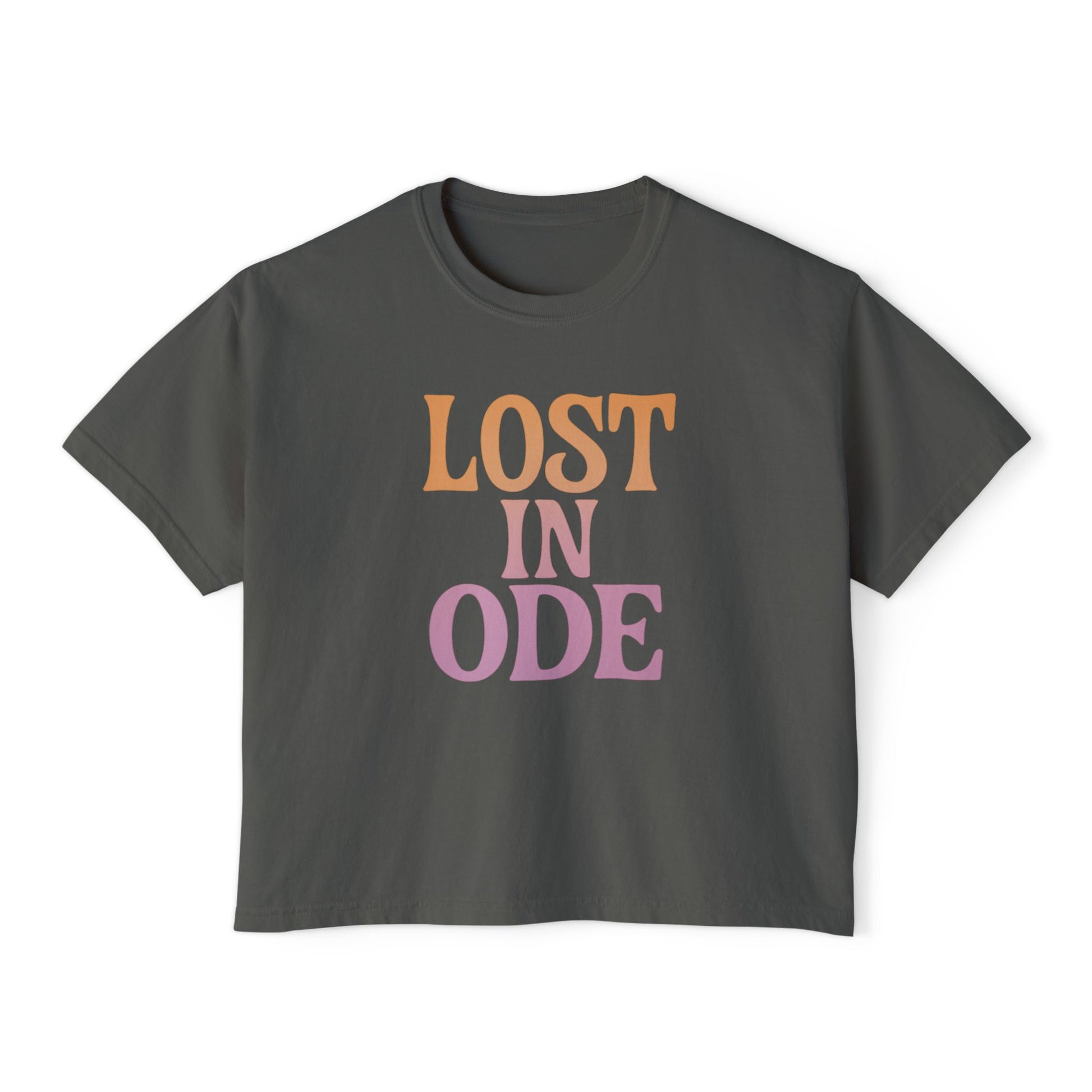 LOST IN ODE Retro Aesthetic Women's Boxy Tee, Minimalist Quote Shirt, Soft Cotton Crop Top, Gift for Poets & Dreamers