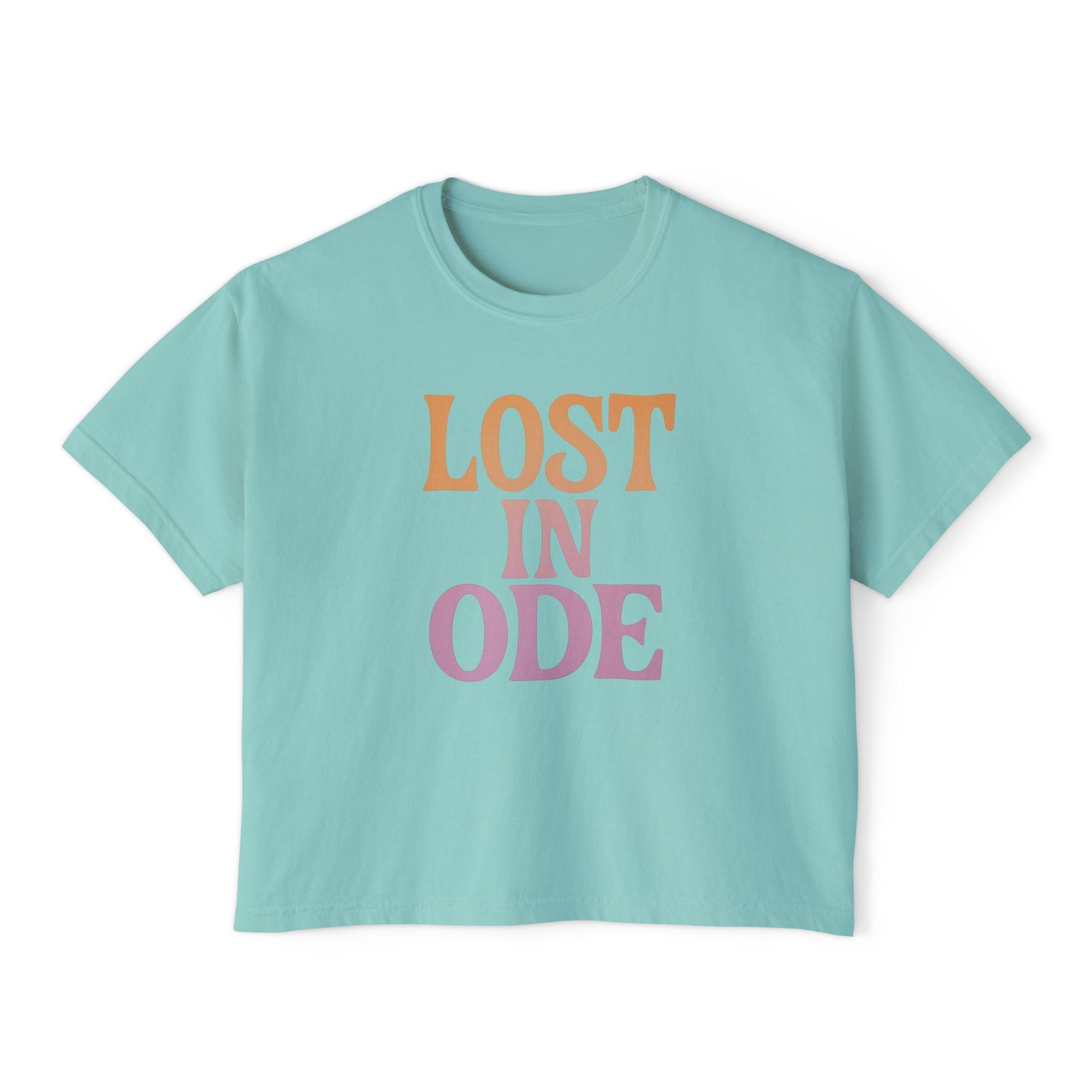 LOST IN ODE Retro Aesthetic Women's Boxy Tee, Minimalist Quote Shirt, Soft Cotton Crop Top, Gift for Poets & Dreamers